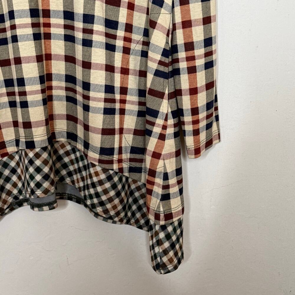 LOGO Lori Goldstein Plaid Sharkbite Tunic Top Large Boho V-Neck Asymmetrical - Picture 9 of 10